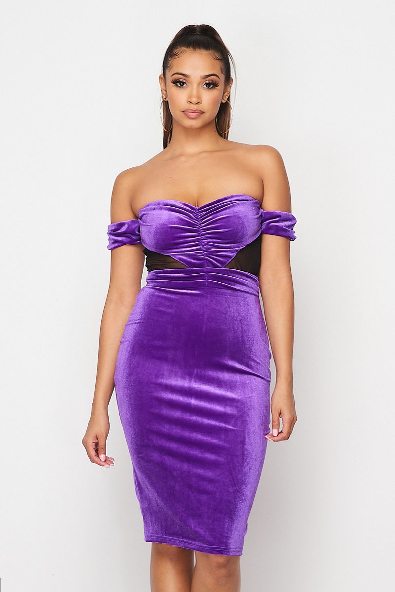 Purple Off Shoulder Bodycon Velvet Dress - Main Image