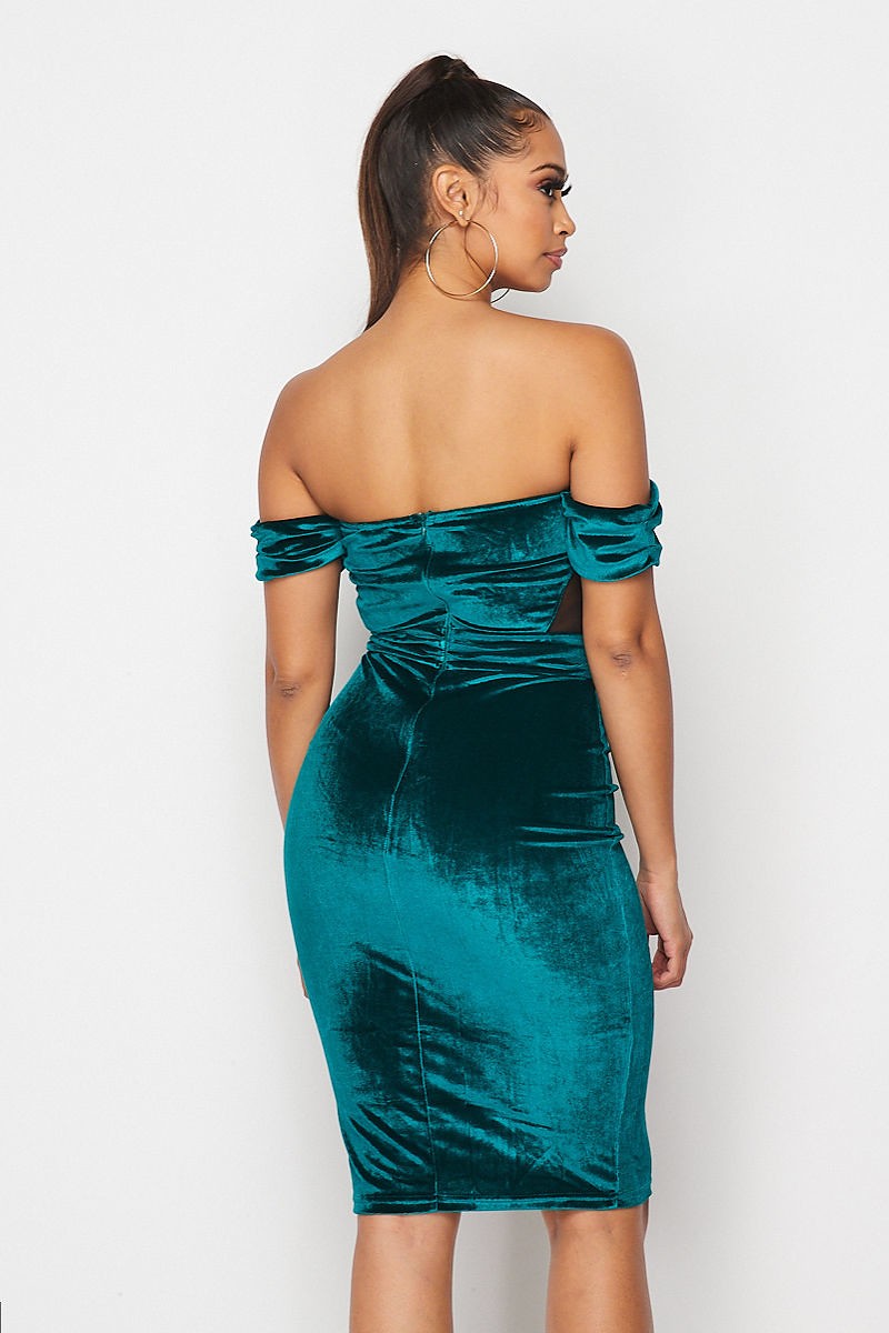Emerald Green Off Shoulder Bodycon Velvet Dress - steven wick