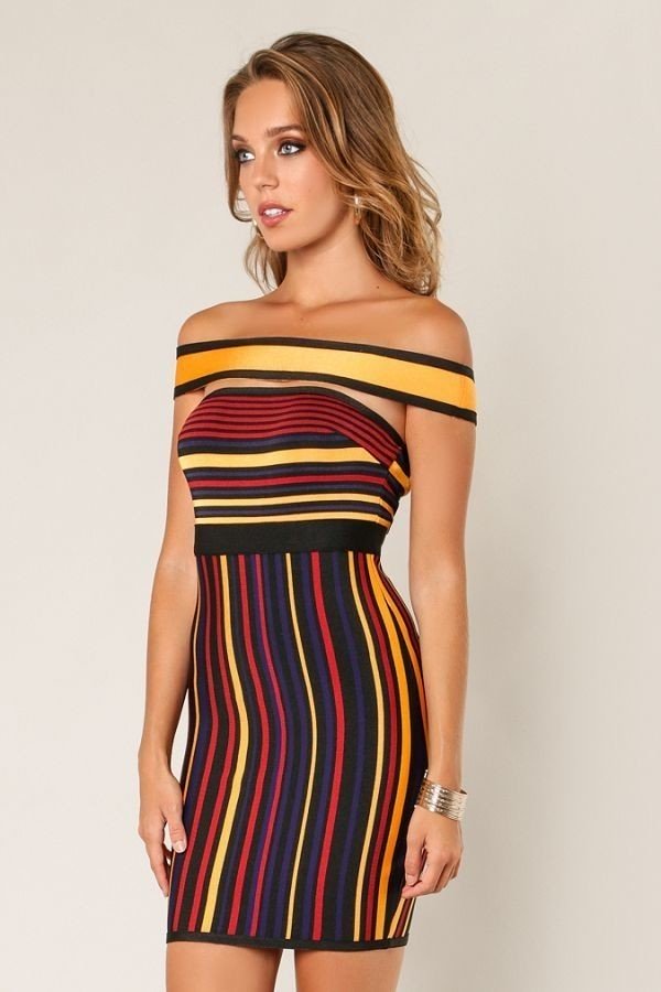 Mustard Multi Colored Off Shoulder Bandage Dress - steven wick