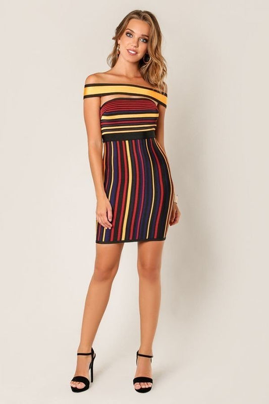 Mustard Multi Colored Off Shoulder Bandage Dress - steven wick