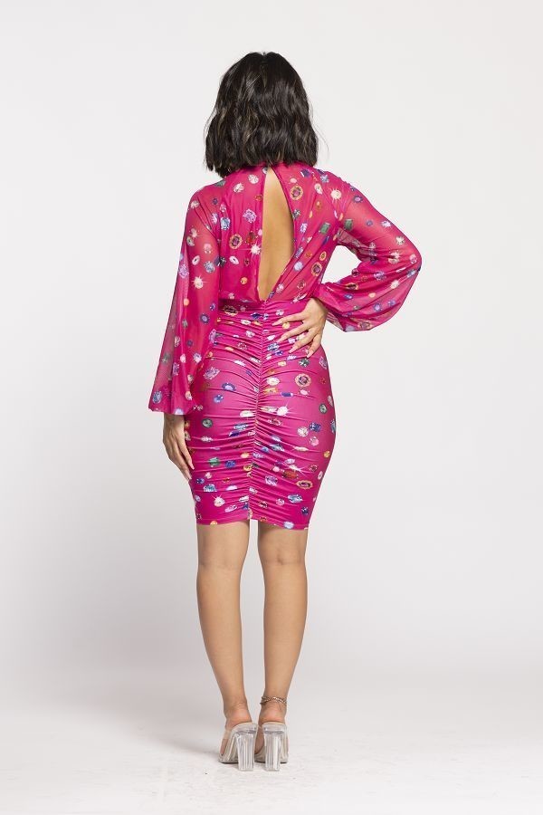 Fuchsia Front Keyhole Detailed Mock Neck Dress - steven wick