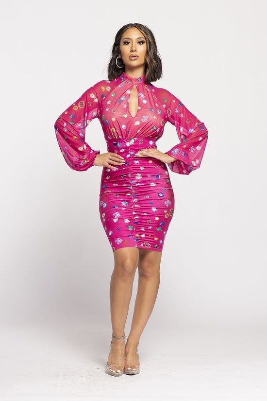 Fuchsia Front Keyhole Detailed Mock Neck Dress - steven wick