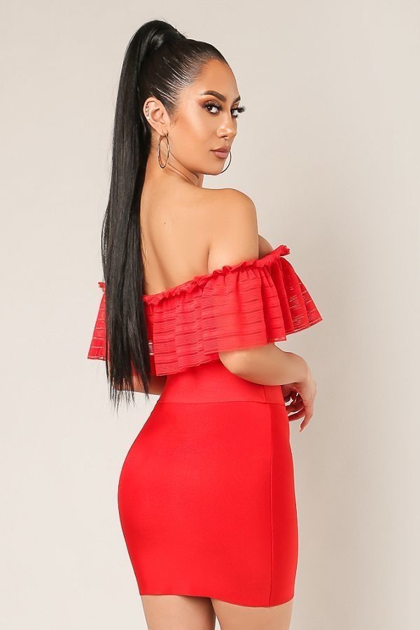 Red Off Shoulder Ruffled Bandage Crop Top - steven wick