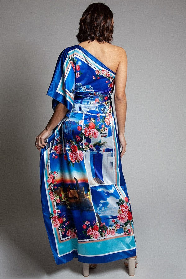 Vacation In Greece Floral One Shoulder Maxi Dress - steven wick