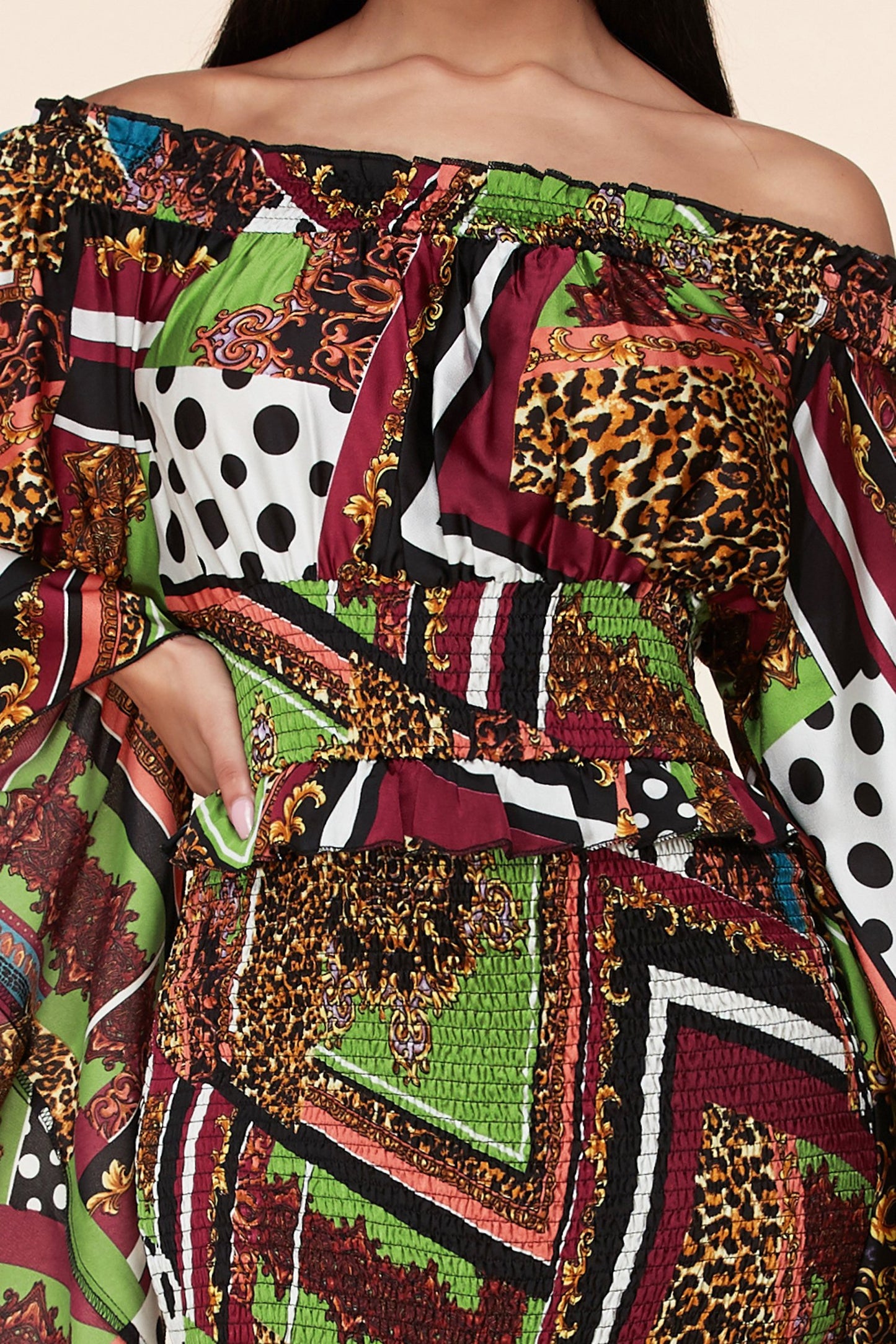 Mix Pattern Multi-Color Maxi Dress With Kimono Sleeves - steven wick