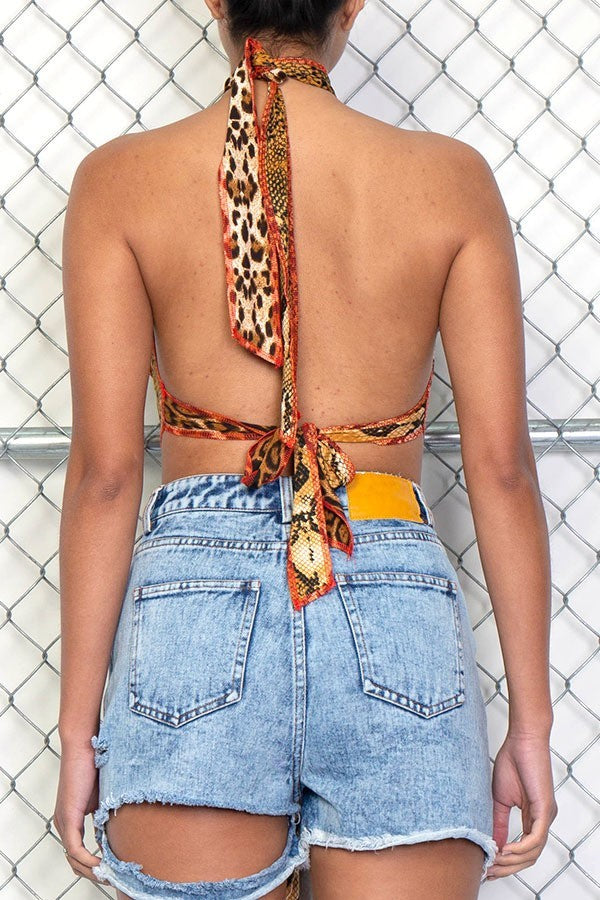 Snake Print Cropped Halter Top - steven wick