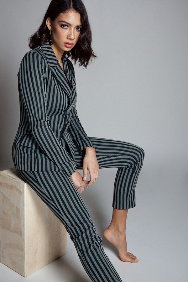 Hillarie Two Piece Striped Print Pant Suit Set - steven wick