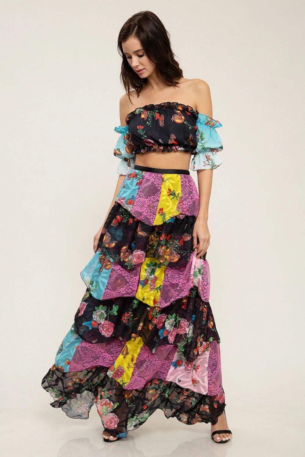 Butterfly Chiffon Floral Print Crop Top And Skirt Set - steven wick