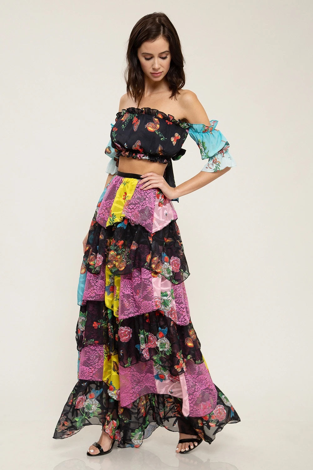 Butterfly Chiffon Floral Print Crop Top And Skirt Set - steven wick