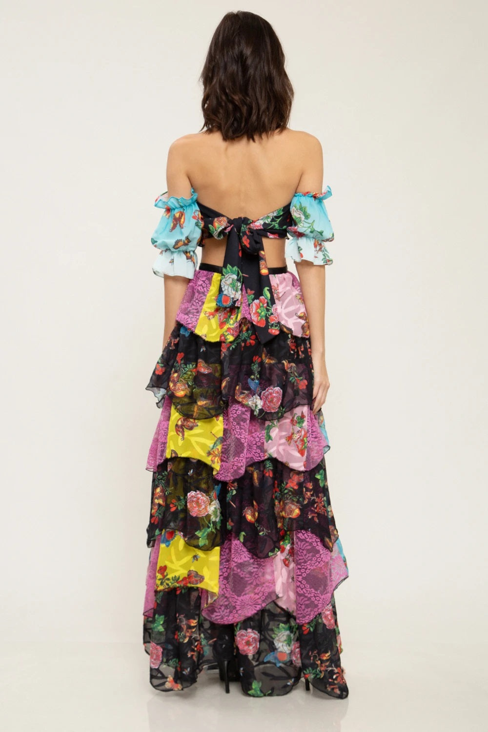 Butterfly Chiffon Floral Print Crop Top And Skirt Set - steven wick