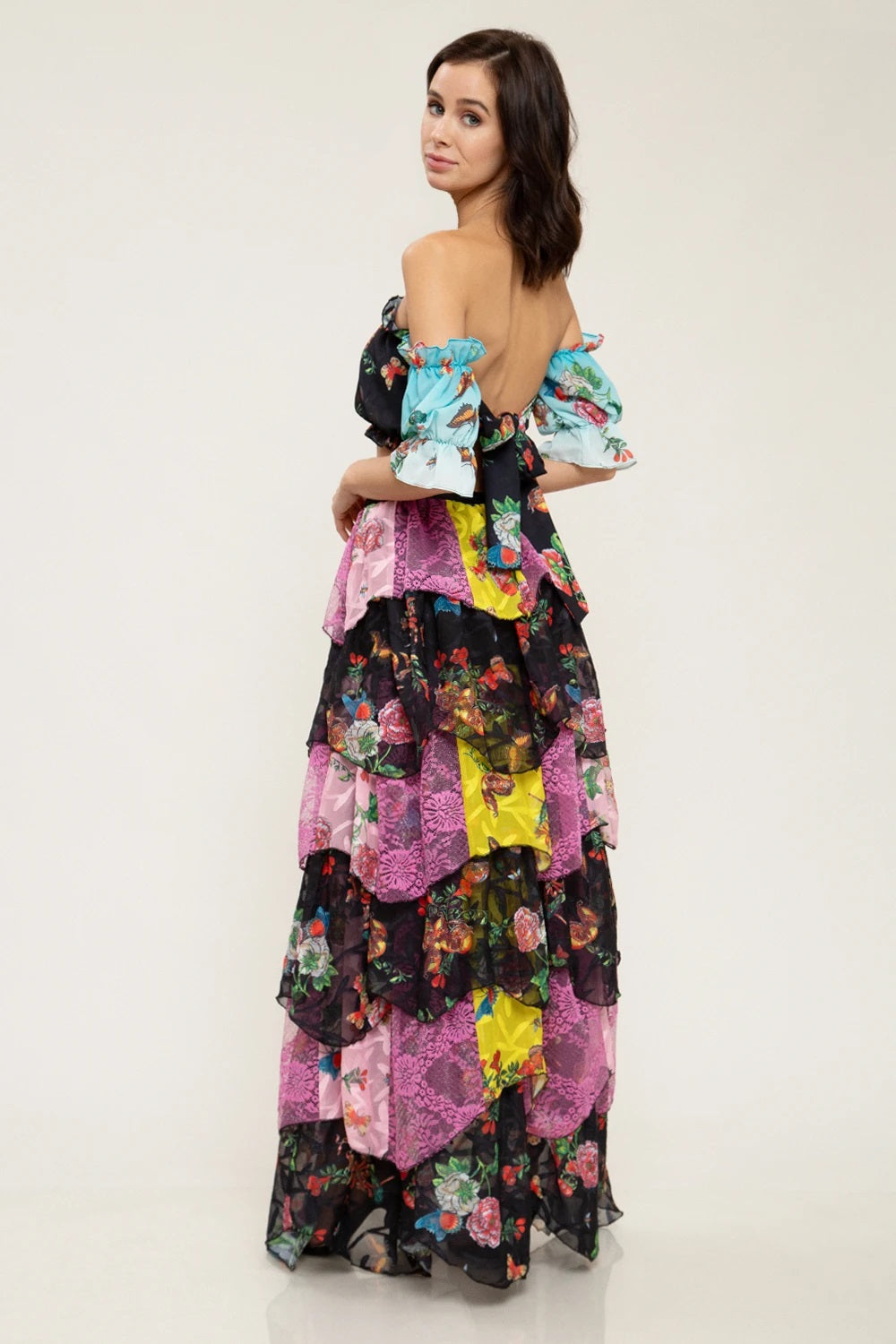 Butterfly Chiffon Floral Print Crop Top And Skirt Set - steven wick