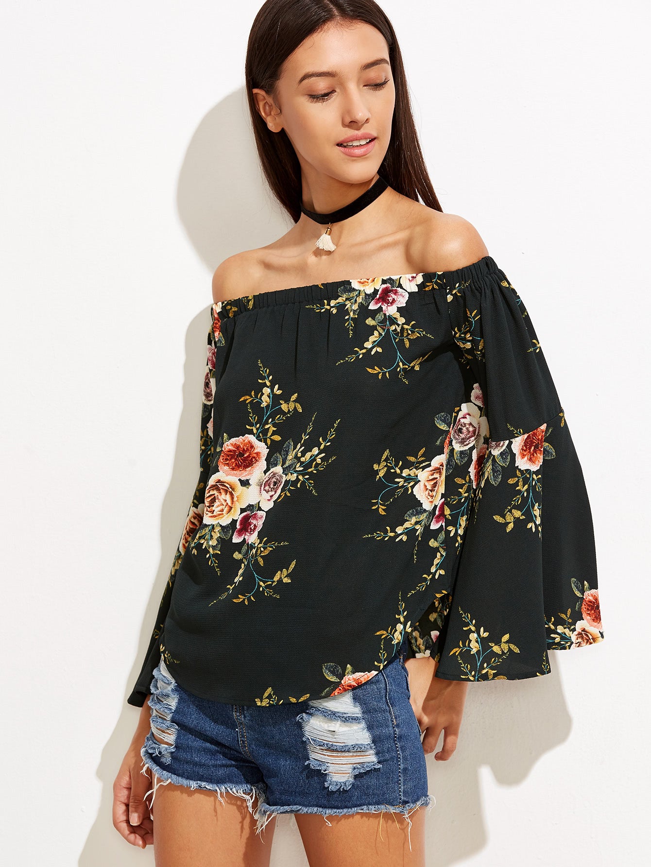 Black Floral Print Off Shoulder Top - steven wick
