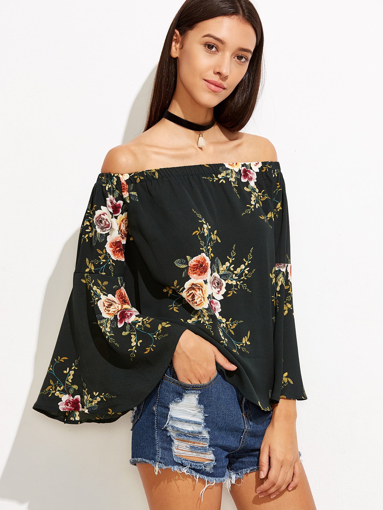 Black Floral Print Off Shoulder Top - steven wick