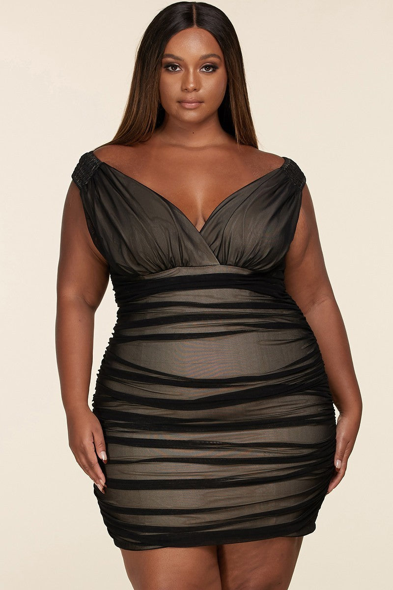 Plus-Size Runched Black Mesh Bodycon Mini Dress - steven wick