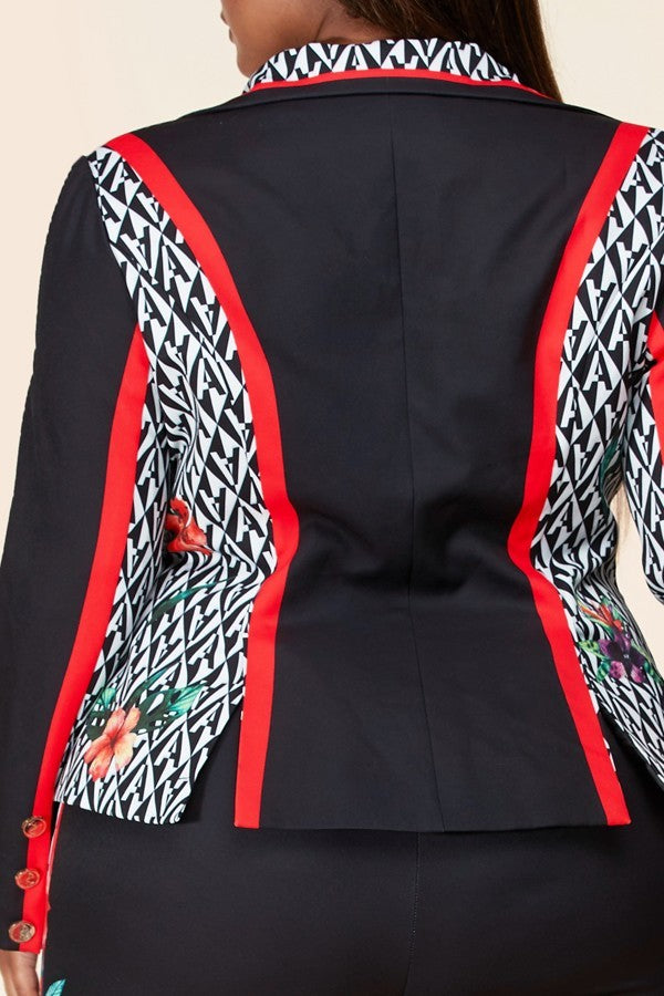 Plus-Size Black Flower Blazer Pant Suit Set - steven wick