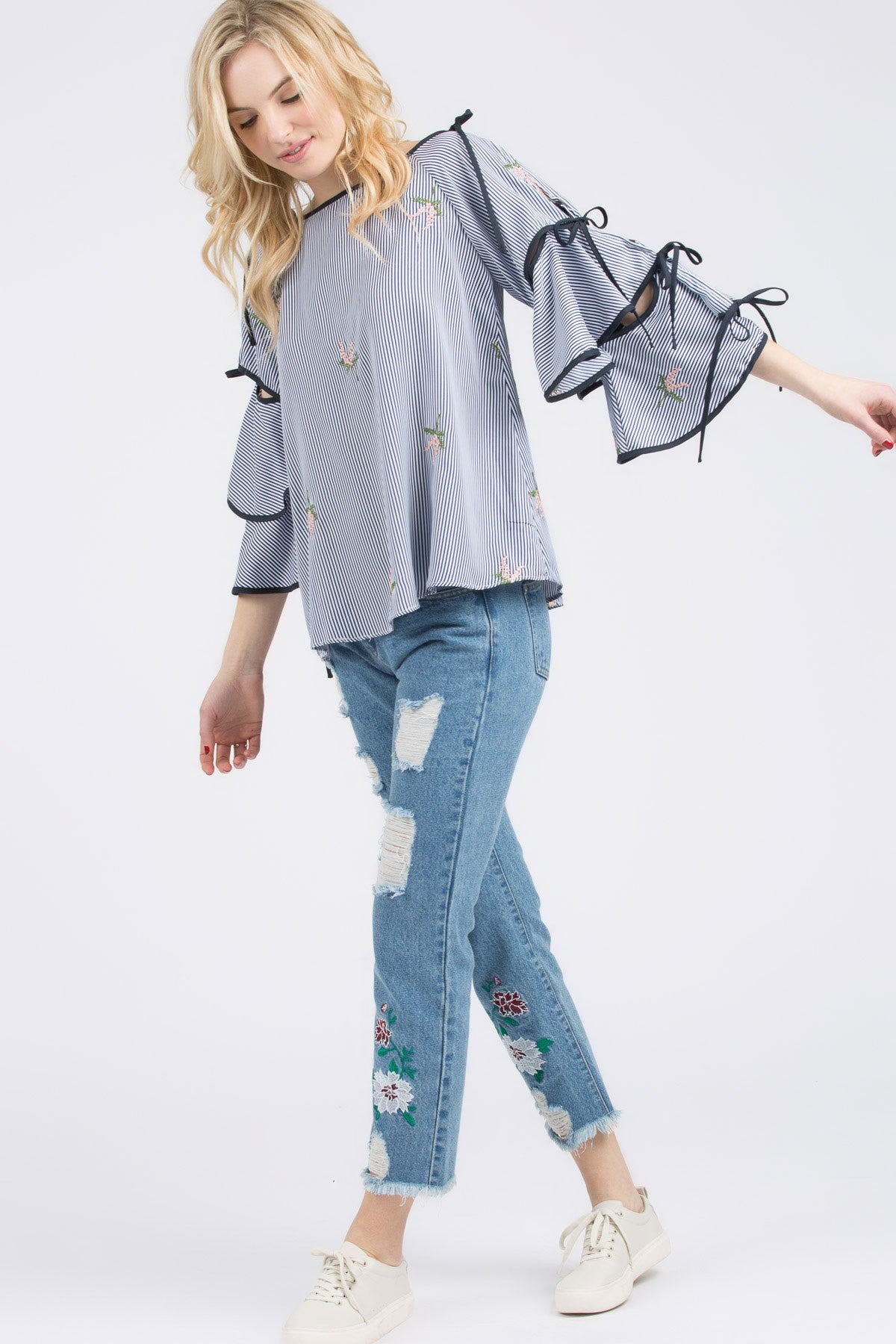 Navy Blue Floral Poplin Print Woven Top With Bell Sleeves - steven wick