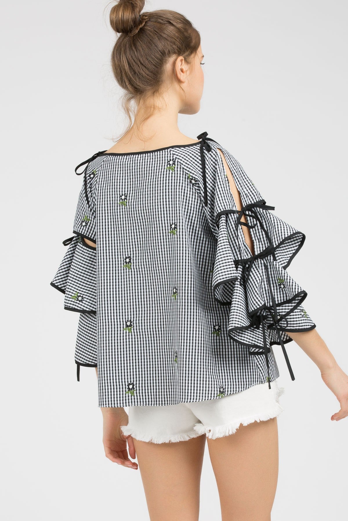 Navy Blue Floral Poplin Print Woven Top With Bell Sleeves - steven wick
