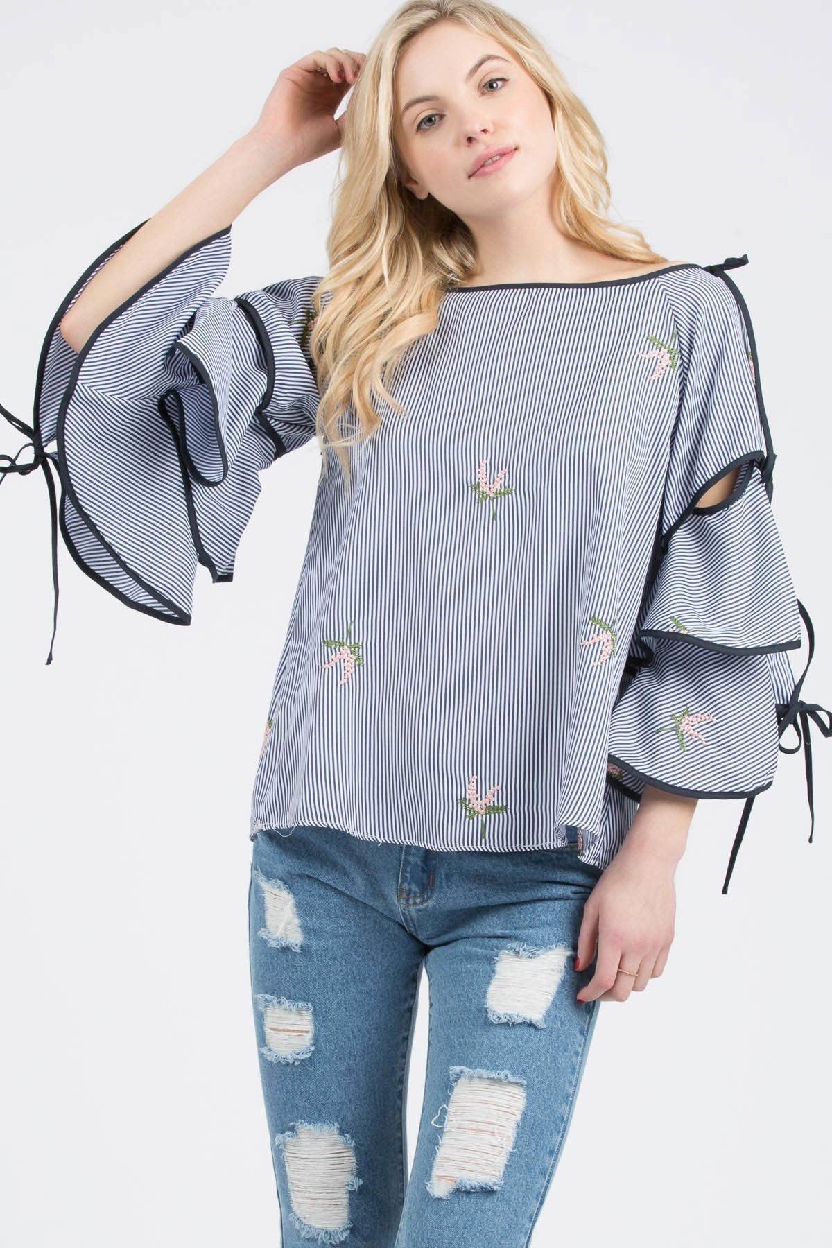 Navy Blue Floral Poplin Print Woven Top With Bell Sleeves - steven wick