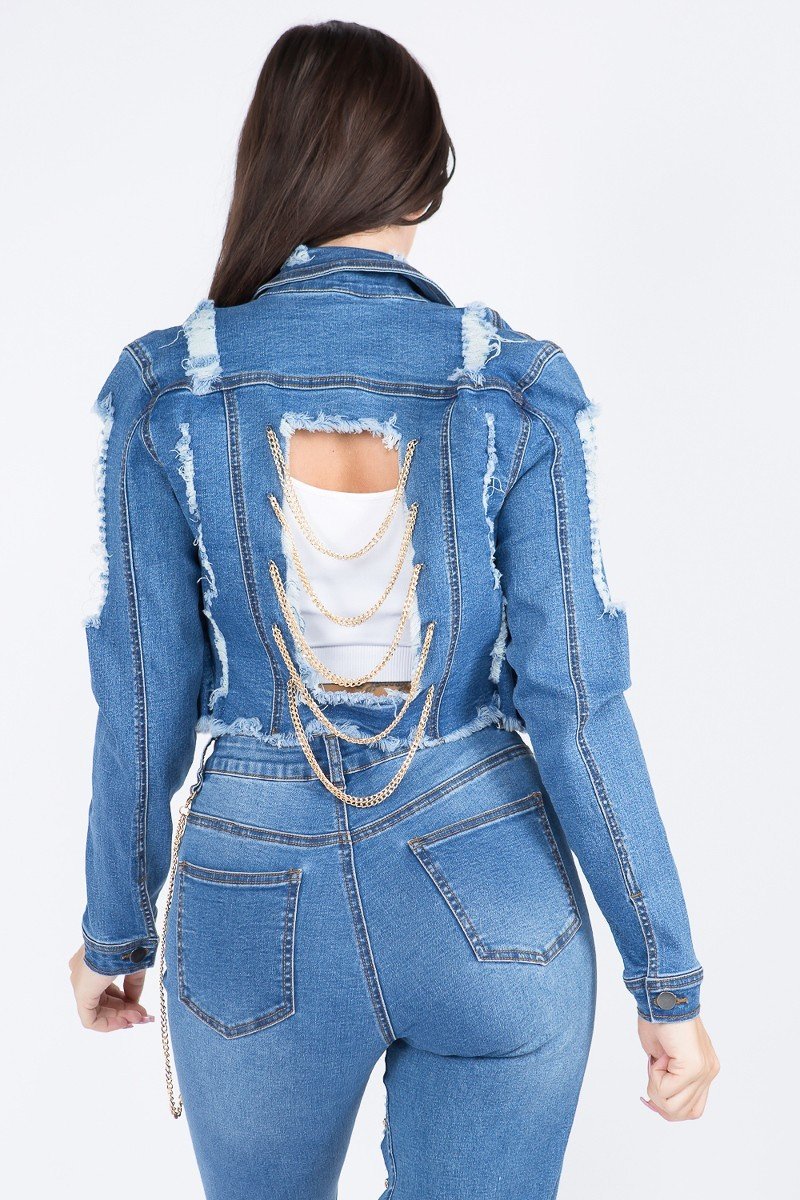 Anya Distressed Dark Blue Cropped Denim Jacket With Chains - steven wick