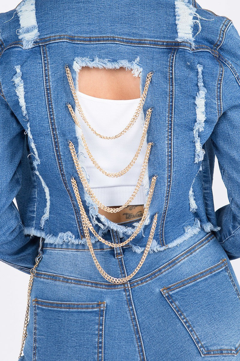 Anya Distressed Dark Blue Cropped Denim Jacket With Chains - steven wick