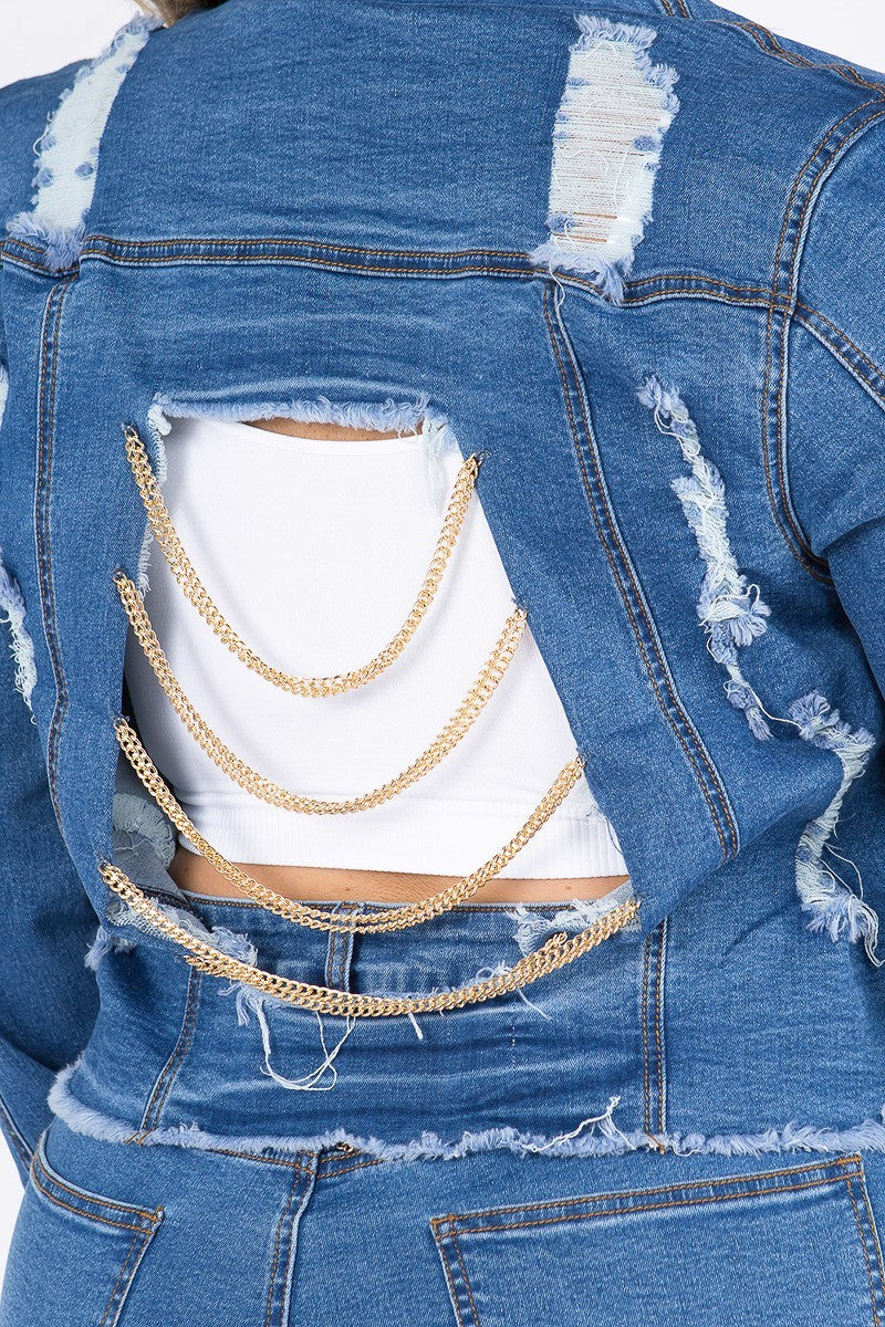 Plus-Size Anya Distressed Dark Blue Cropped Denim Jacket With Chains - steven wick