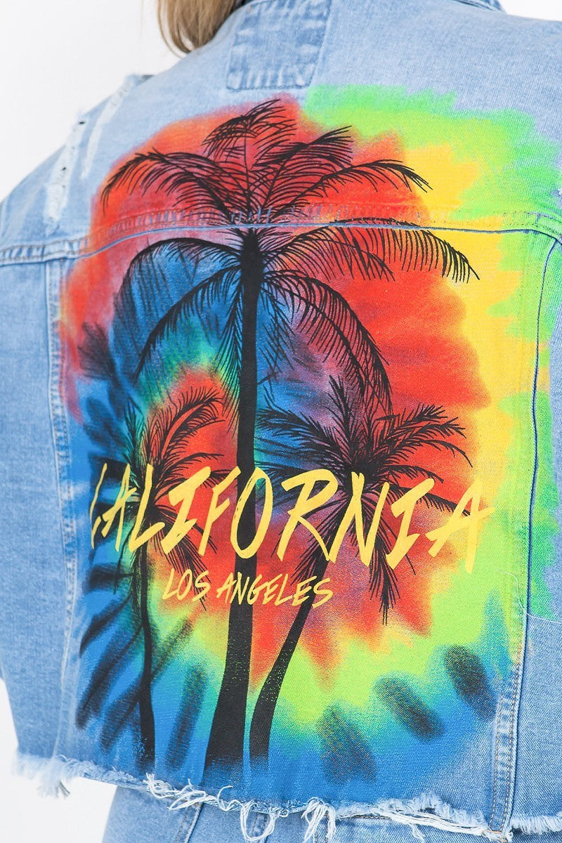 Plus Size California Painting Cropped Denim Jacket - steven wick