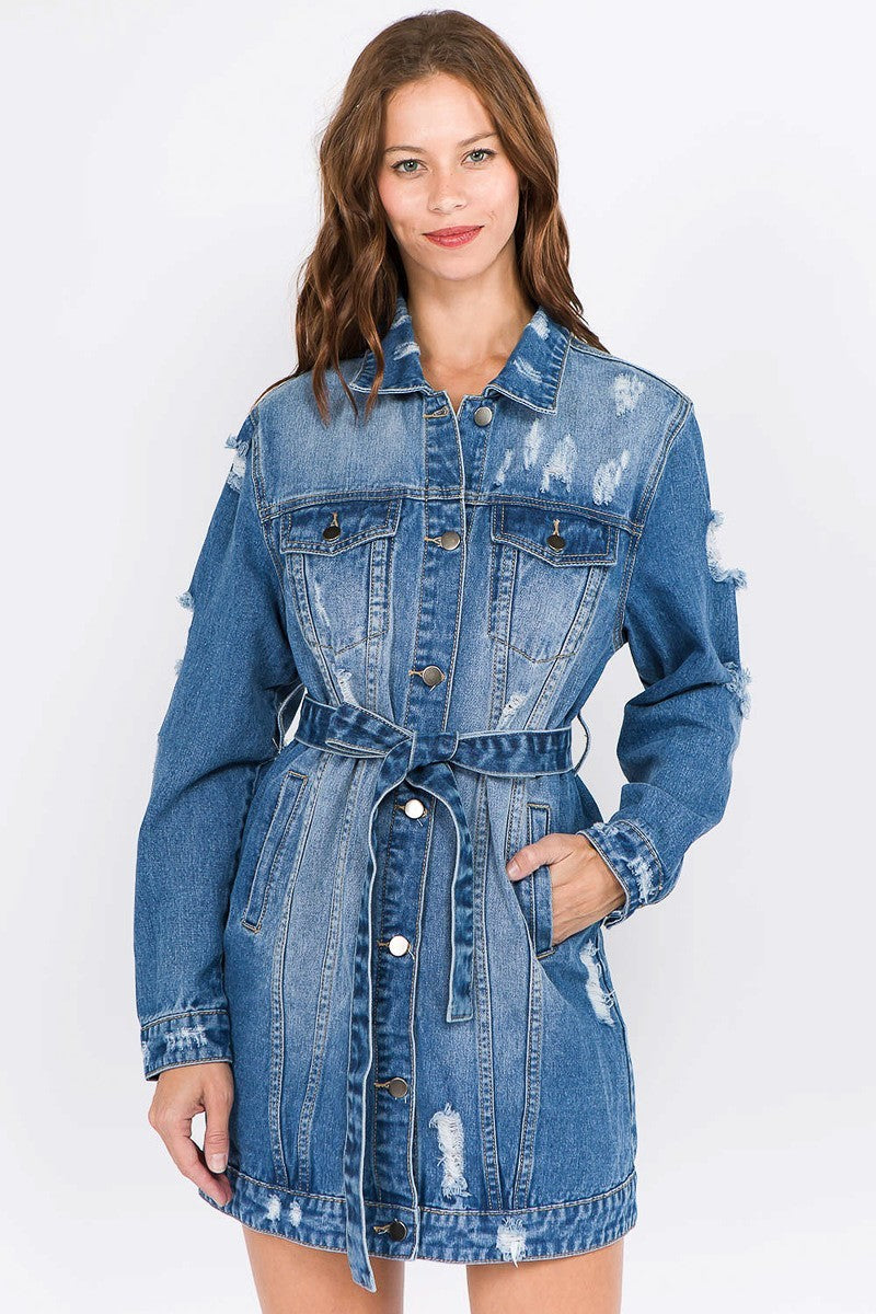 Plus-Size Carey Letter Patched Dark Blue Distressed Denim Jacket - steven wick