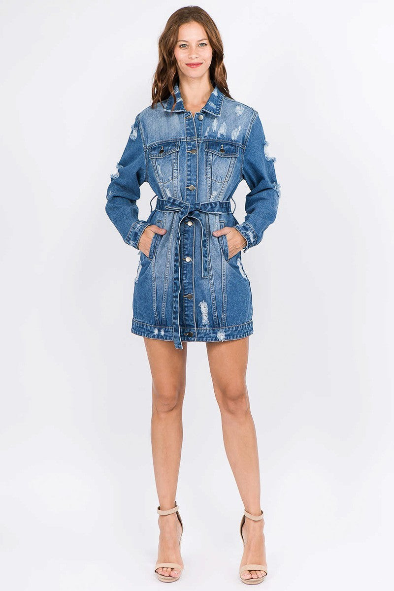 Plus-Size Carey Letter Patched Dark Blue Distressed Denim Jacket - steven wick