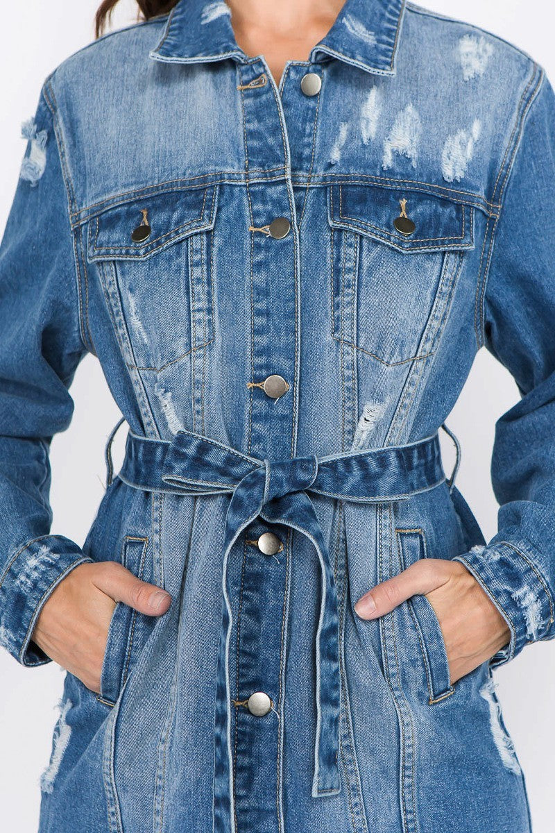 Plus-Size Carey Letter Patched Dark Blue Distressed Denim Jacket - steven wick