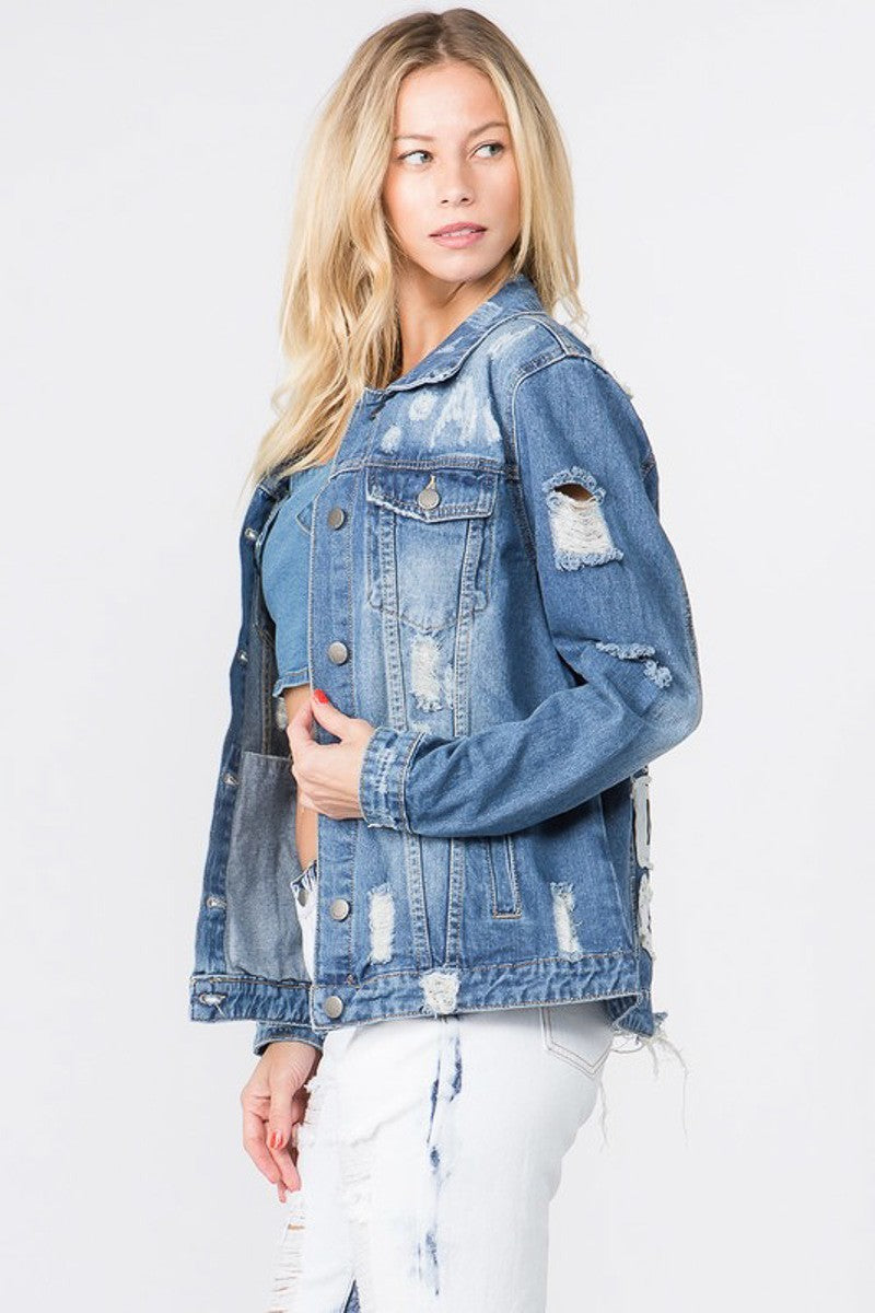 Carey Letter Patched Dark Blue Distressed Denim Jacket - steven wick