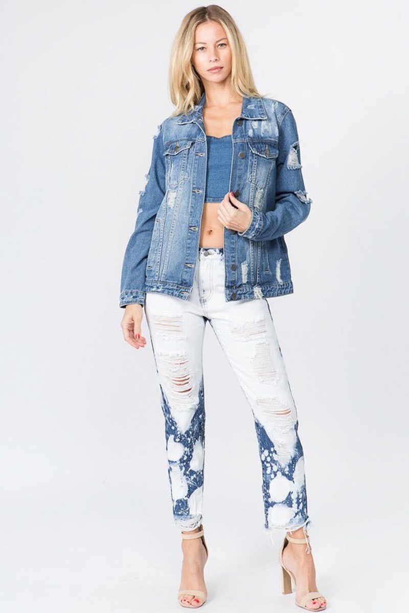 Carey Letter Patched Dark Blue Distressed Denim Jacket - steven wick