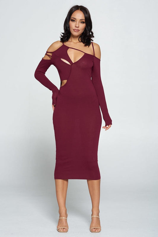 Cara Delvi Dark Wine Cut-Out Midi Dress - steven wick