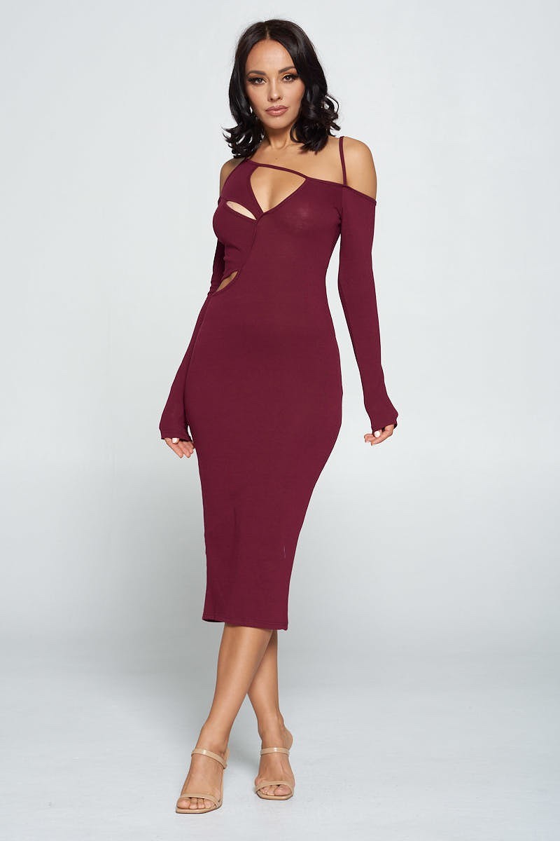 Cara Delvi Dark Wine Cut-Out Midi Dress - steven wick
