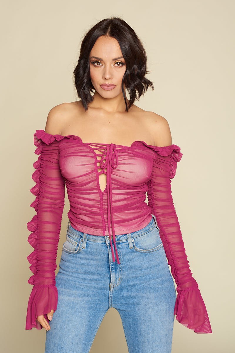 Nicky Minaj Magenta Ruched Lace-Up Off Shoulder Crop Top - steven wick