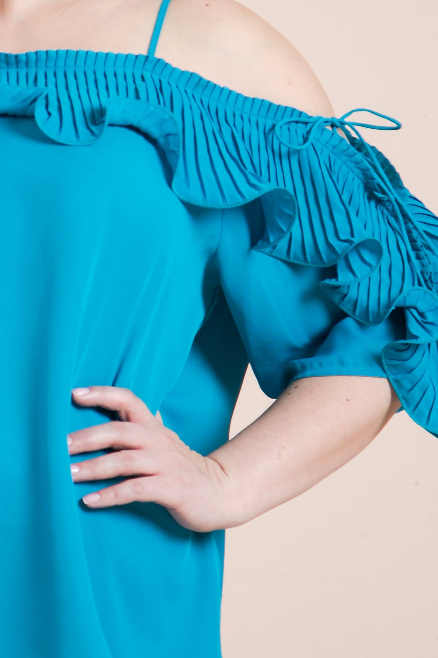 Plus-Size Lopez Turquoise Cold Shoulder Ruffled Pleat Top - steven wick