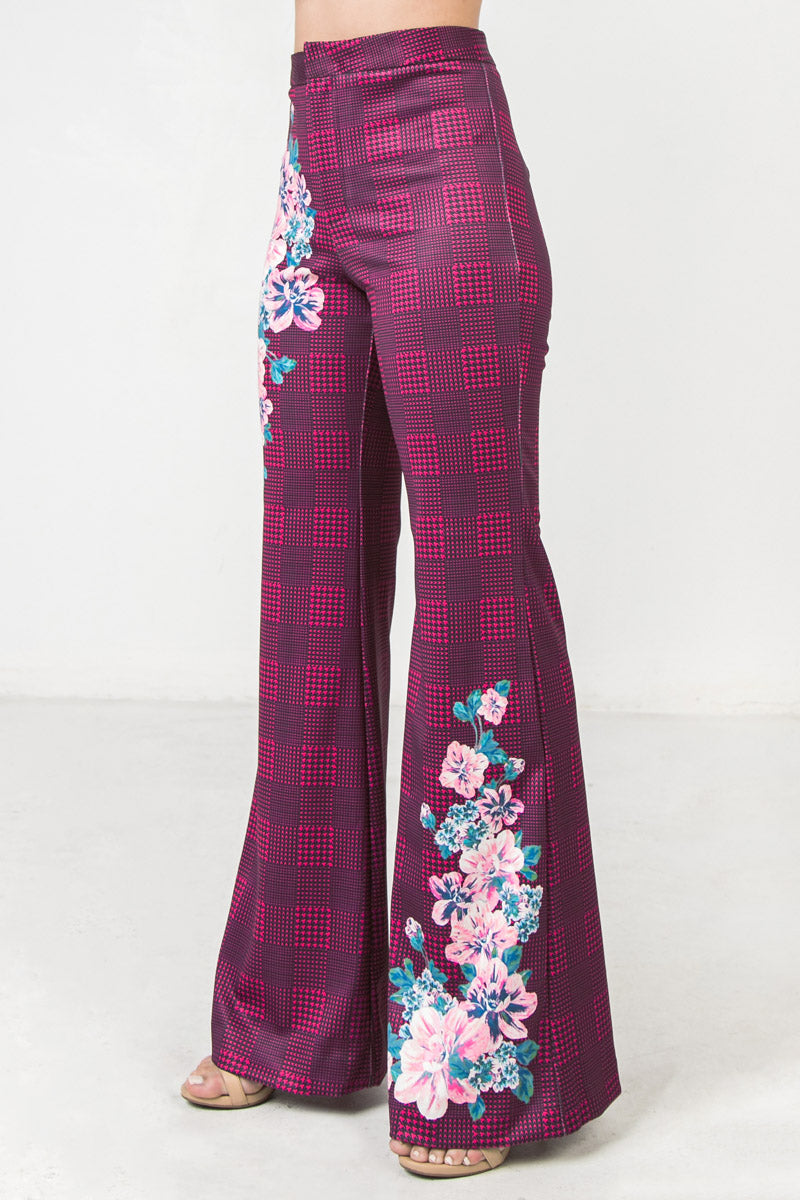 Magenta Flared Scuba Pants With Houndstooth and Floral Print - steven wick