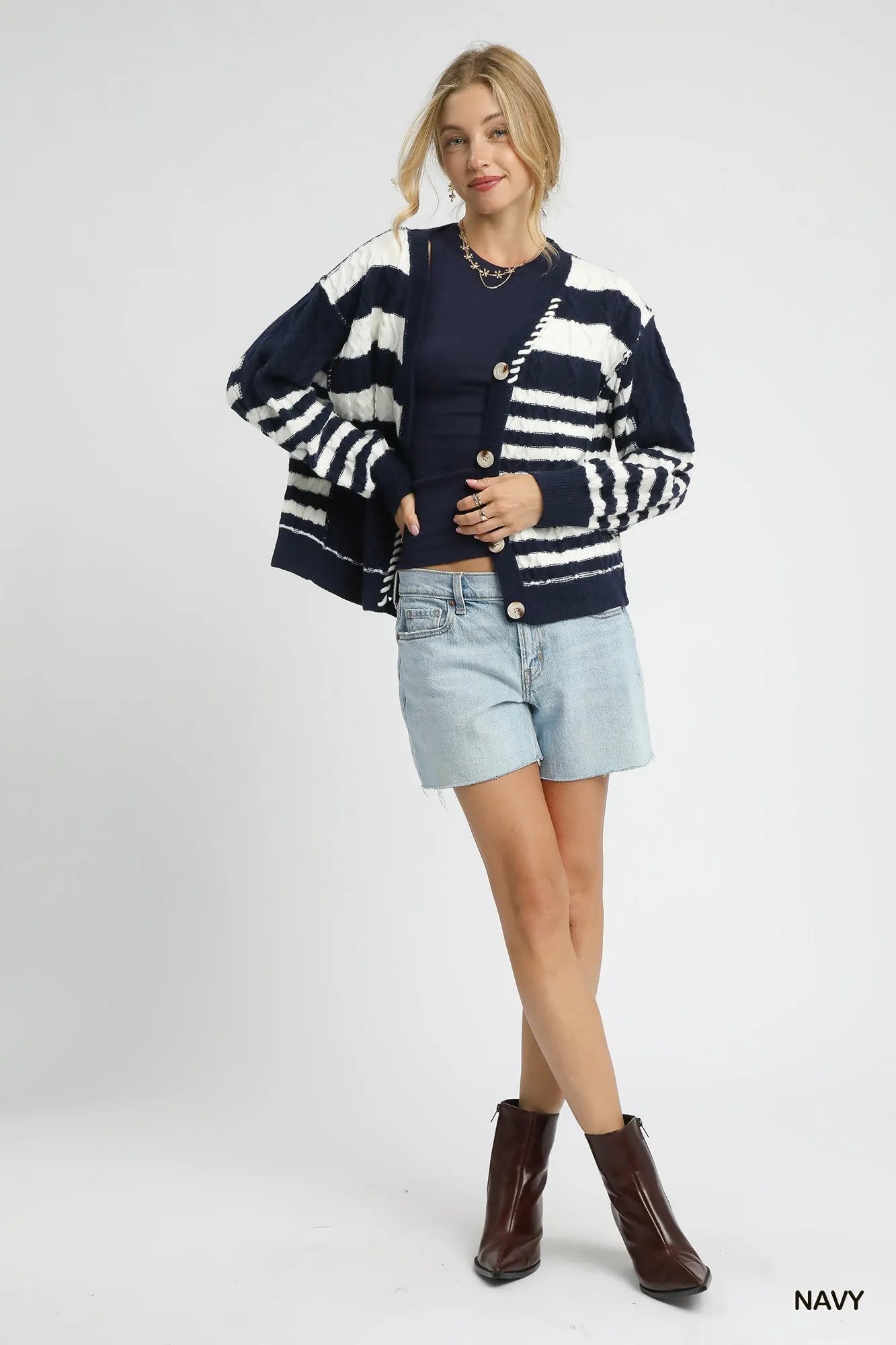 Stripe Button-Up Cable-Knit Cardigan - steven wick