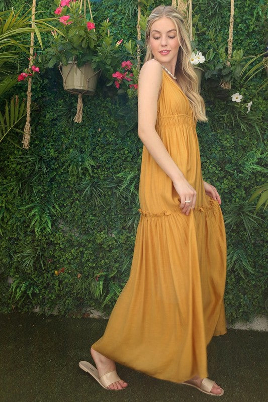 Low Cut Mustard Spaghetti Strap Maxi Tank Dress - steven wick