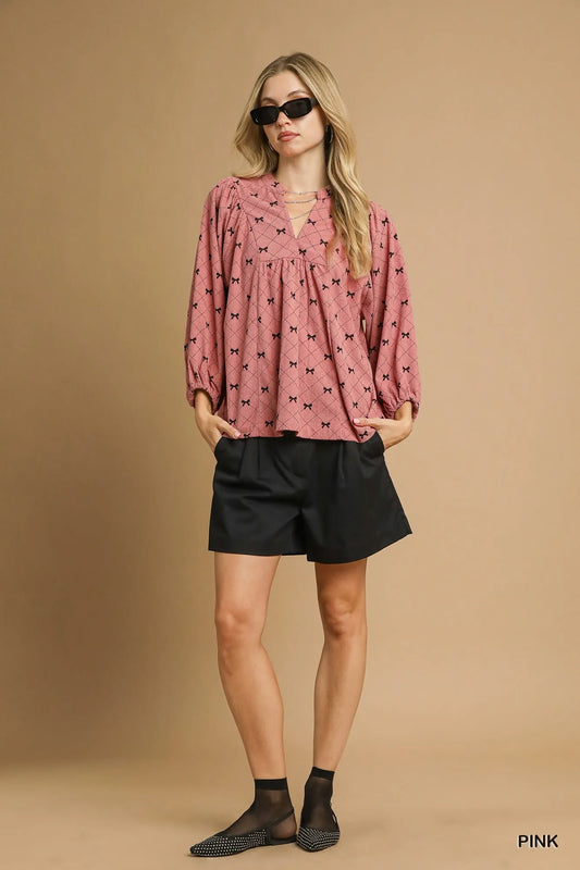 Umgee Corduroy Bow Print Balloon Sleeve Blouse - steven wick