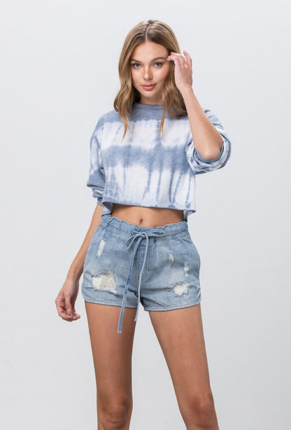 Mid-Rise Light Wash Denim Jogger Shorts - steven wick