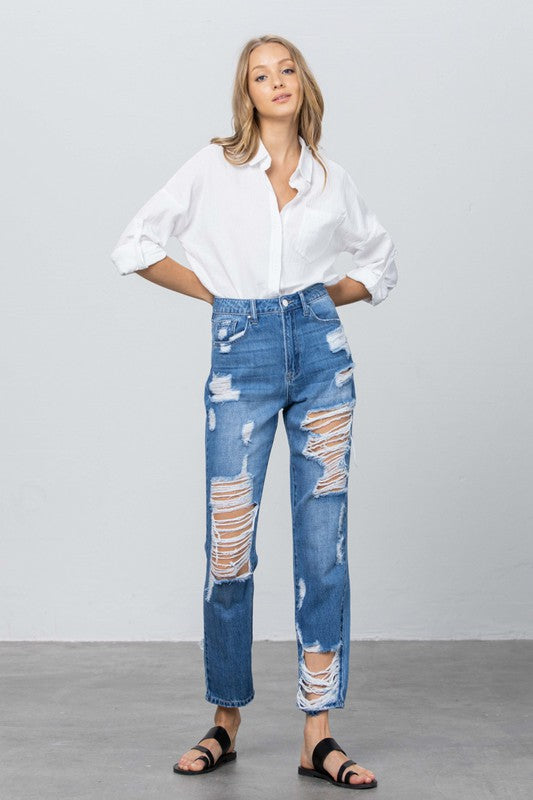 HIGH RISE DESTROYED STRAIGHT JEANS - steven wick