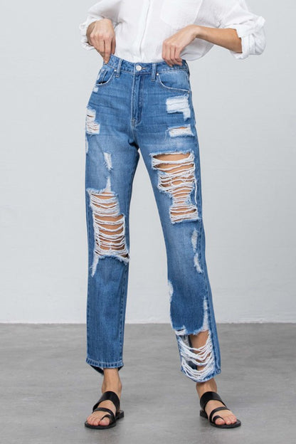 HIGH RISE DESTROYED STRAIGHT JEANS - steven wick