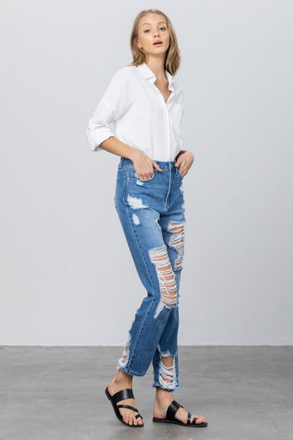HIGH RISE DESTROYED STRAIGHT JEANS - steven wick