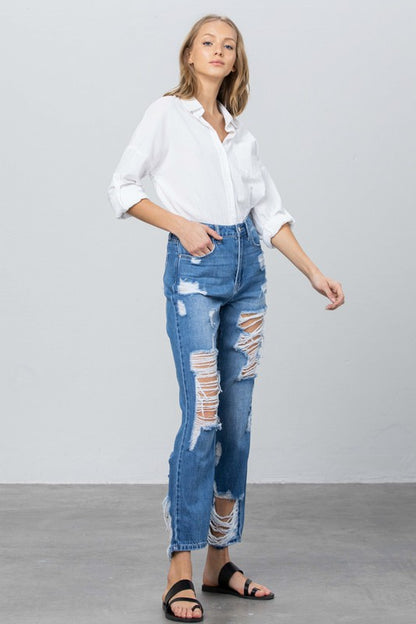 HIGH RISE DESTROYED STRAIGHT JEANS - steven wick