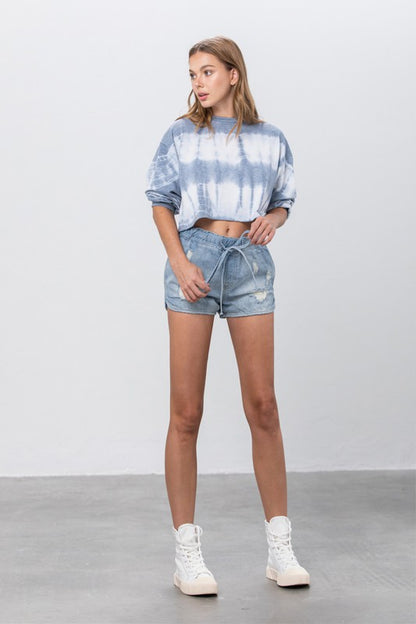 Mid-Rise Light Wash Denim Jogger Shorts - steven wick