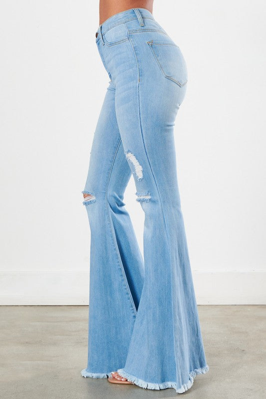 Light Stone Distressed Bell Bottom Jeans