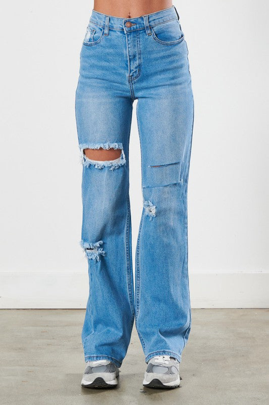 Distressed Medium Stone Wide Leg Jeans - steven wick