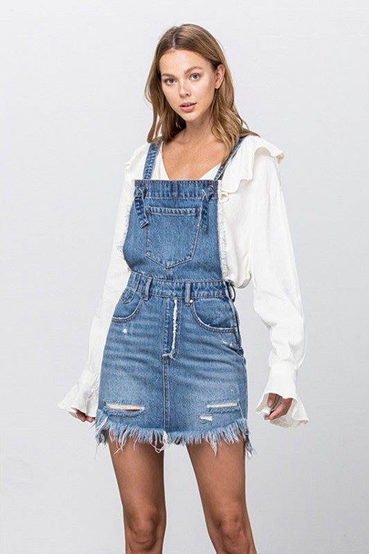 Frayed Denim Overalls Dress - steven wick