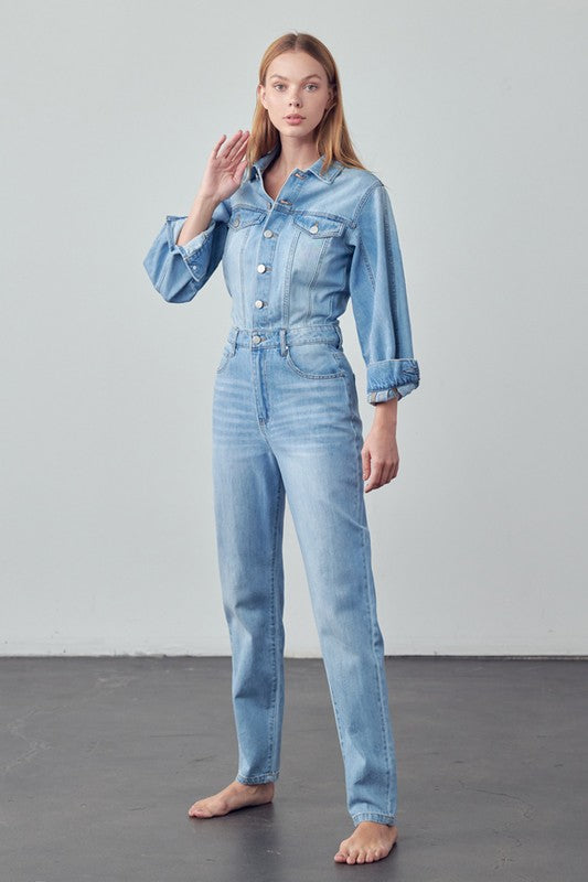 Medium Wash Denim Balloon Sleeved Jumpsuit - steven wick