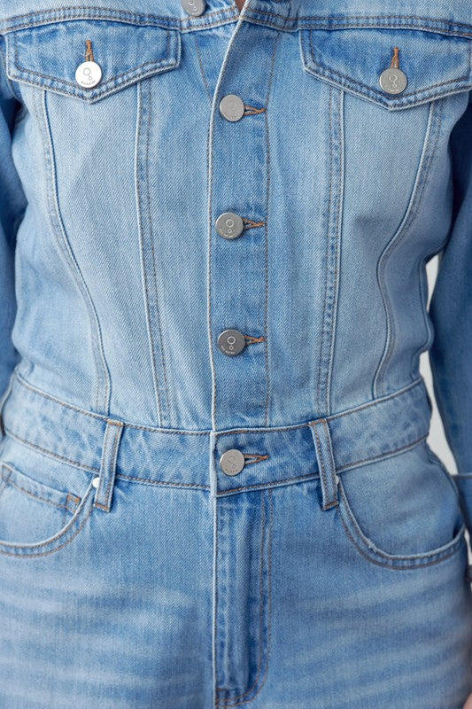 High Waist Flap Pocket Half Button Denim Jumpsuit - steven wick